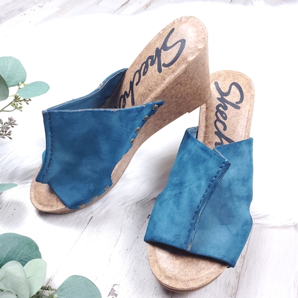 Sz 10 Womens Blue Skechers open toed wedges - Picture 1 of 6
